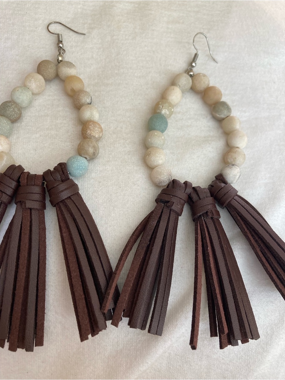 Beaded Dangle Earrings with Brown Faux Leather Tassel